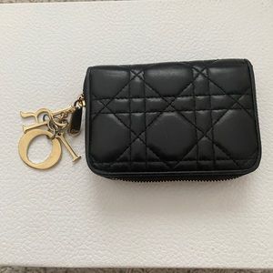 Lady Dior Zip Around Cannage Quilt Lambskin Compact Card Coin Wallet Black